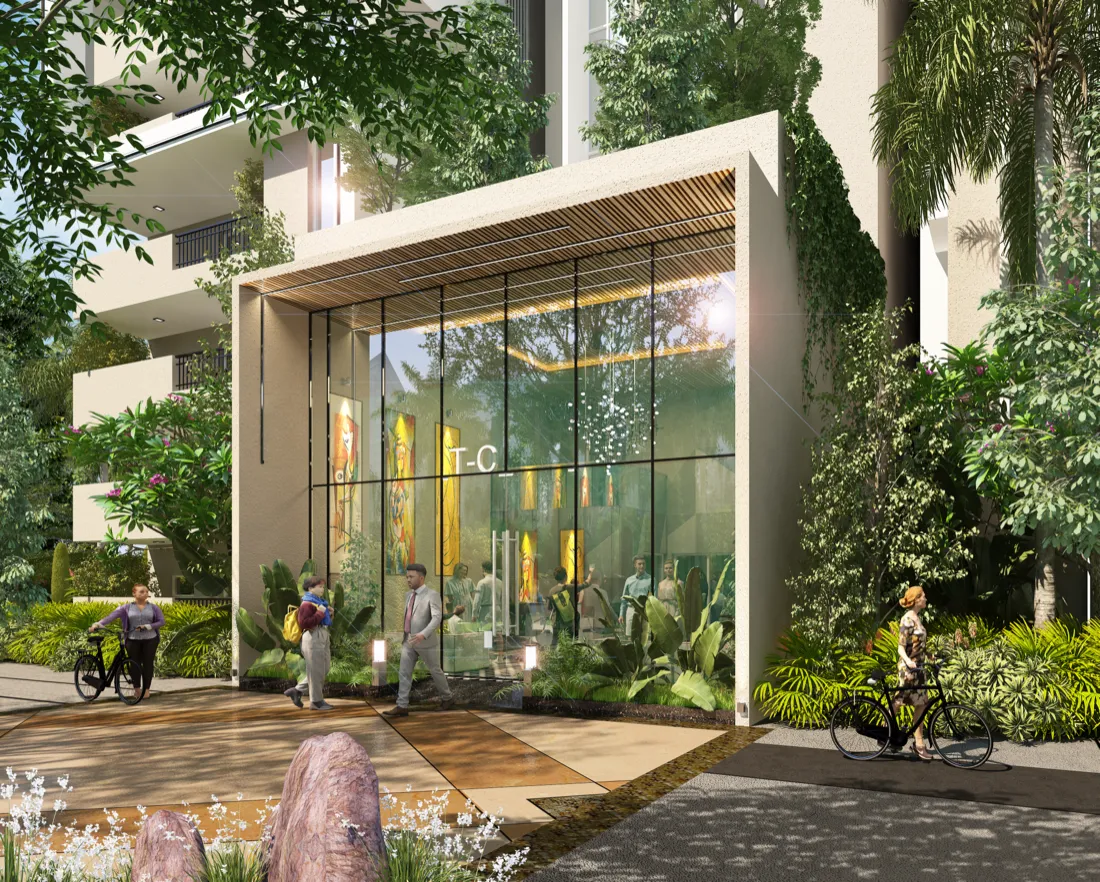 Hotel-grade arrival lobby at Myhna Vistara Gunjur Bengaluru
