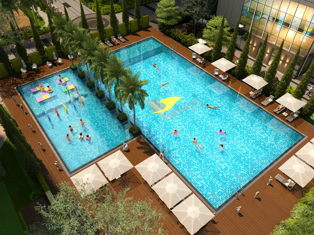Aerial view of the pool deck at Myhna Vistara Gunjur Bengaluru