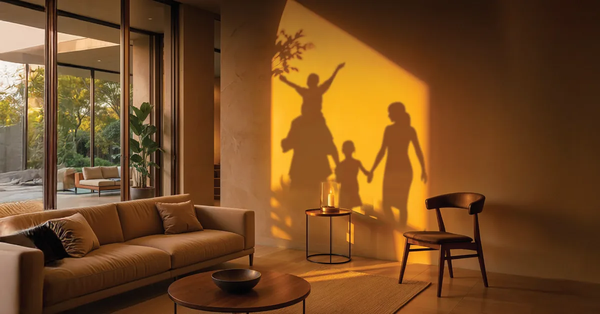 Family silhouette in a sunlit Myhna Vistara living room at golden hour