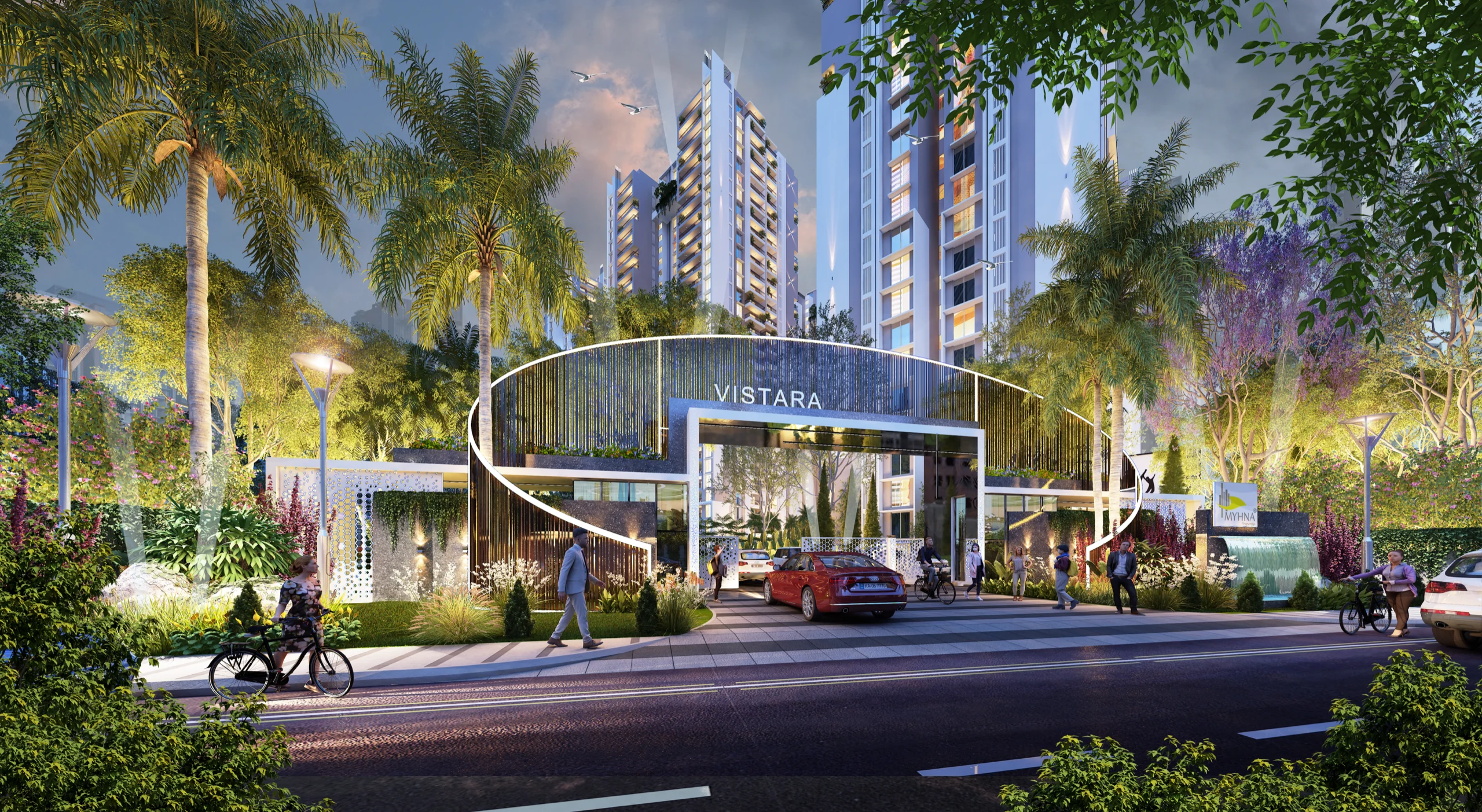 Myhna Vistara grand entrance — night render