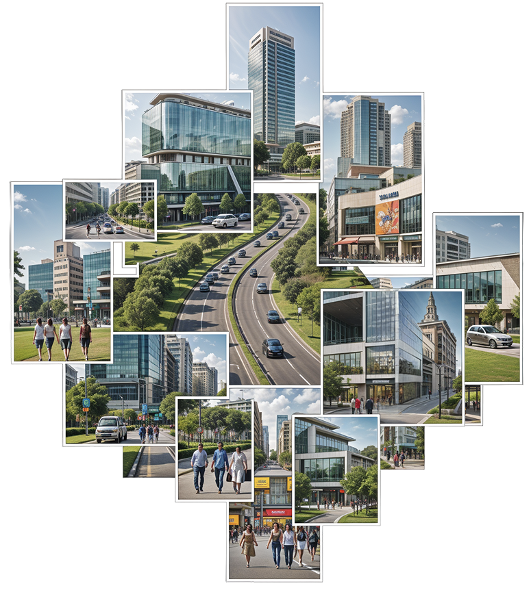 Urban collage of modern buildings and cityscape