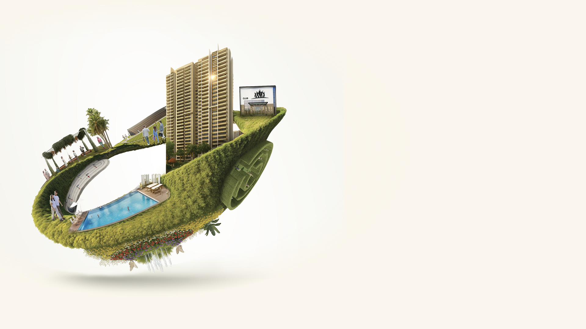 Myhna Vistara sky deck rendering with pool, greenery and towers